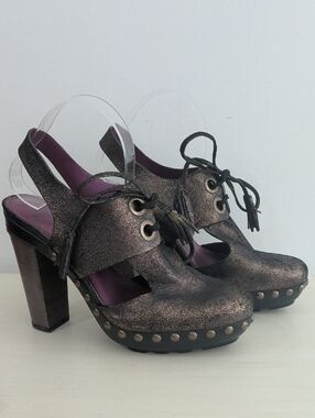 Coach Poppy Black And Gold Metallic Leather High Heeled Platform Sandals